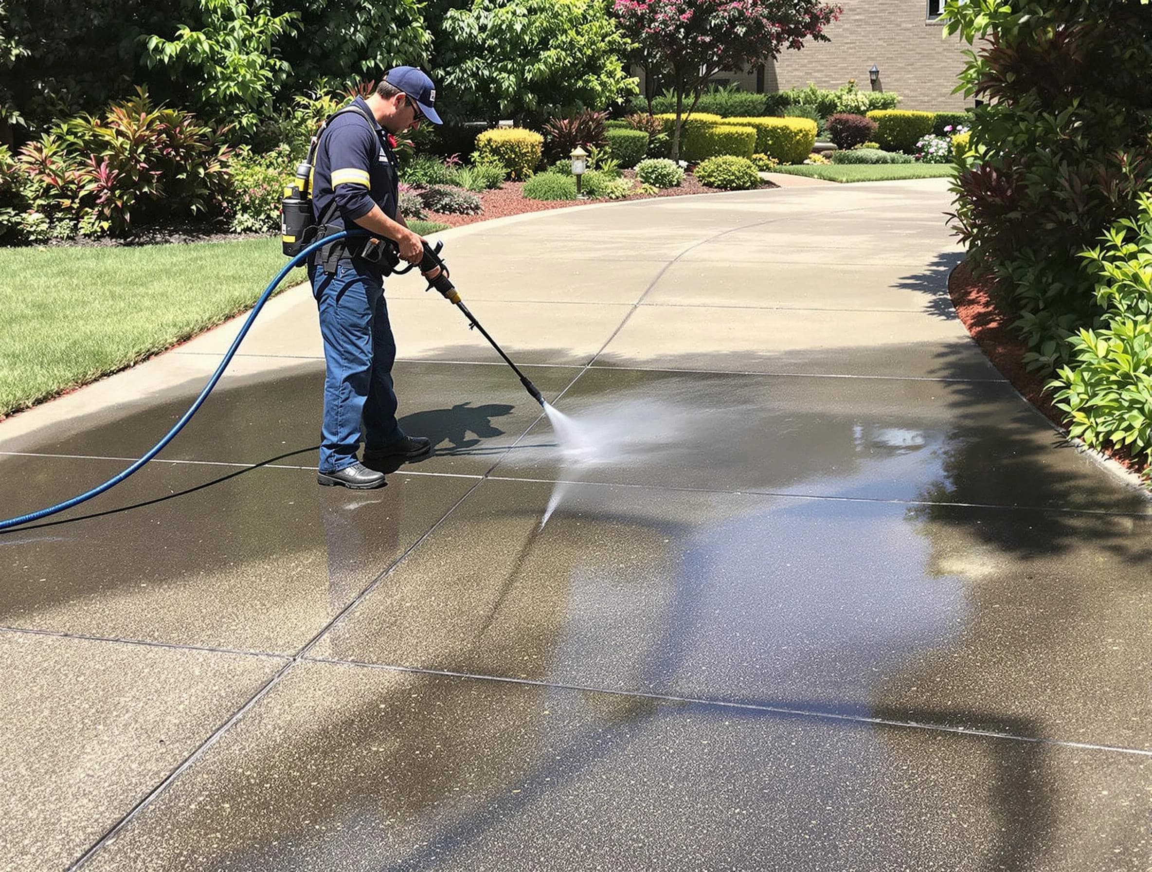 Experienced Lorain Power Washing team member pressure washing a driveway in Lorain